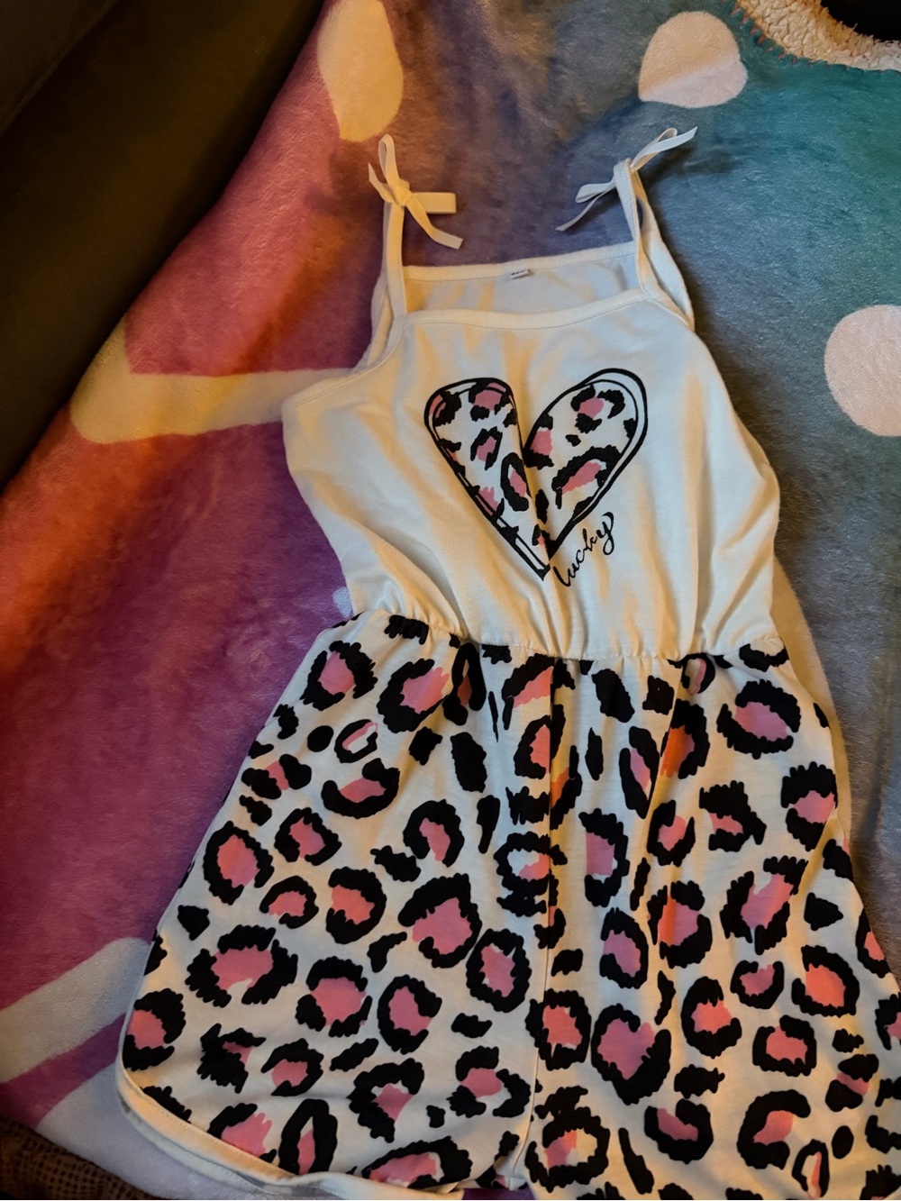 SHEIN White Romper with Pink and Black Leopard Heart Print